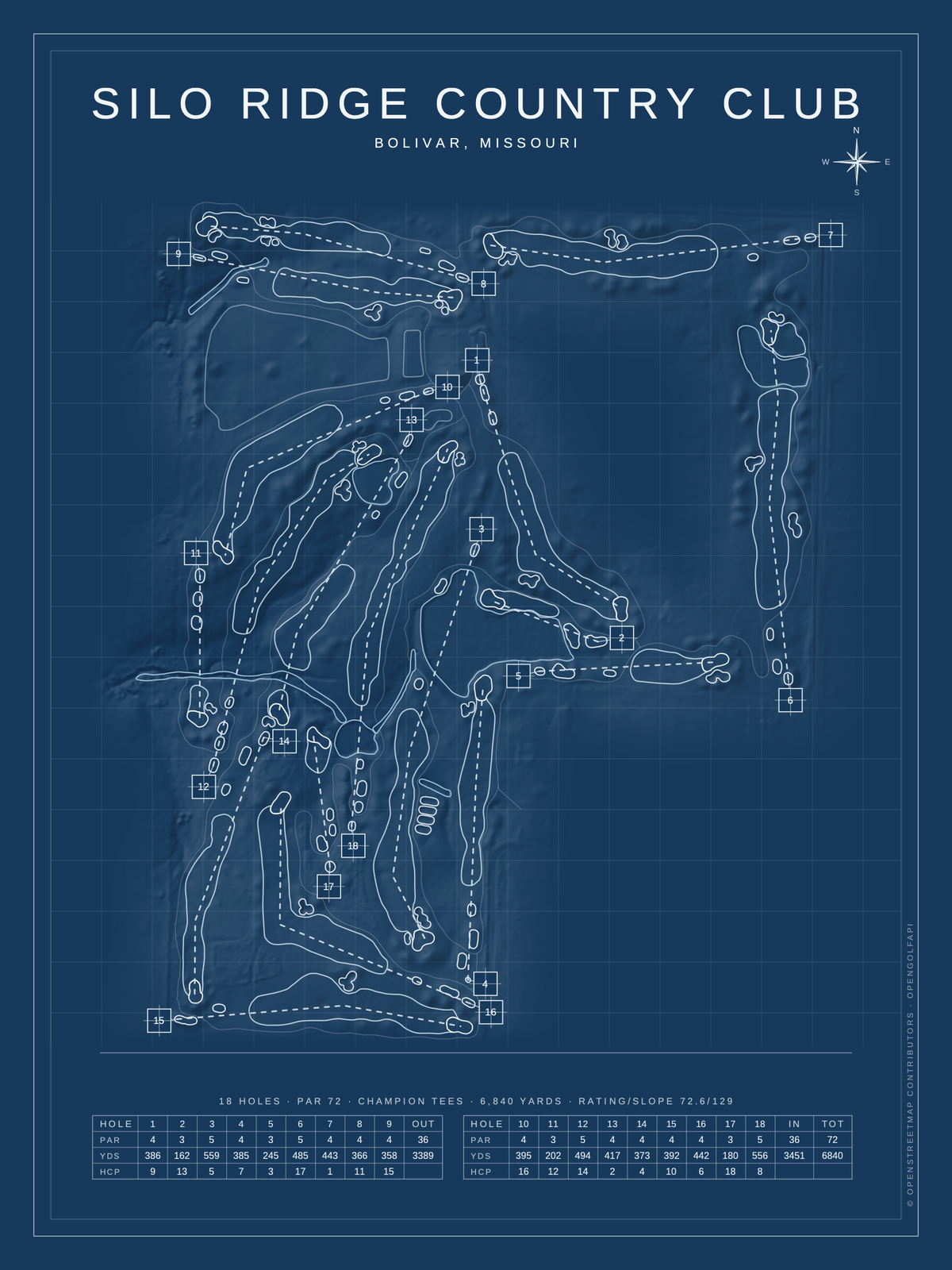 Silo Ridge Country Club course map poster, Blueprint style, 12×16 / 18×24