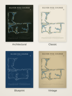 Silver Fox Course map poster in four styles: Architectural, Classic, Blueprint and Vintage