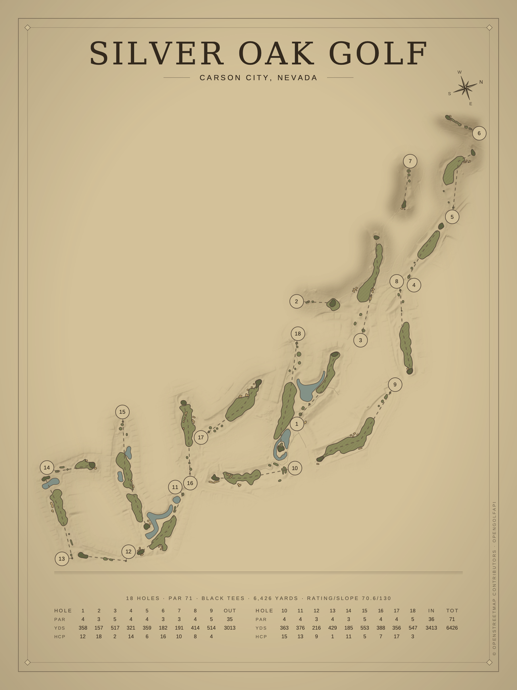 Silver Oak Golf course map poster, Vintage style, 12×16 / 18×24
