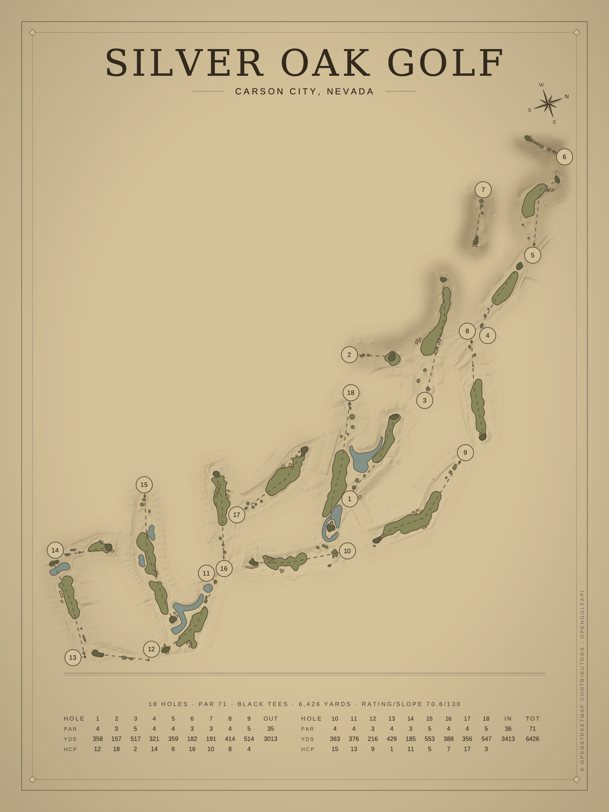 Silver Oak Golf course map poster, Vintage style, 12×16 / 18×24