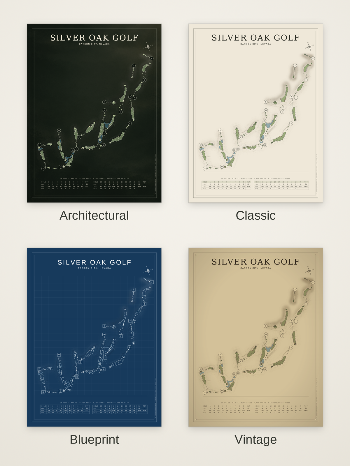 Silver Oak Golf course map poster in four styles: Architectural, Classic, Blueprint and Vintage