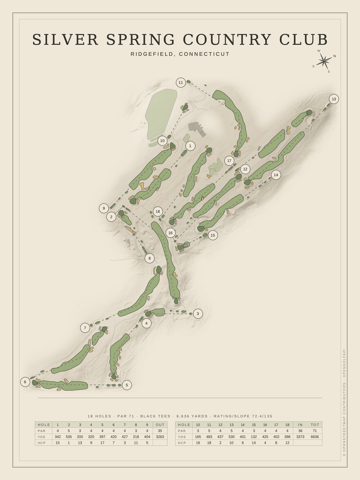 Silver Spring Country Club course map poster, Classic style, 12×16 / 18×24
