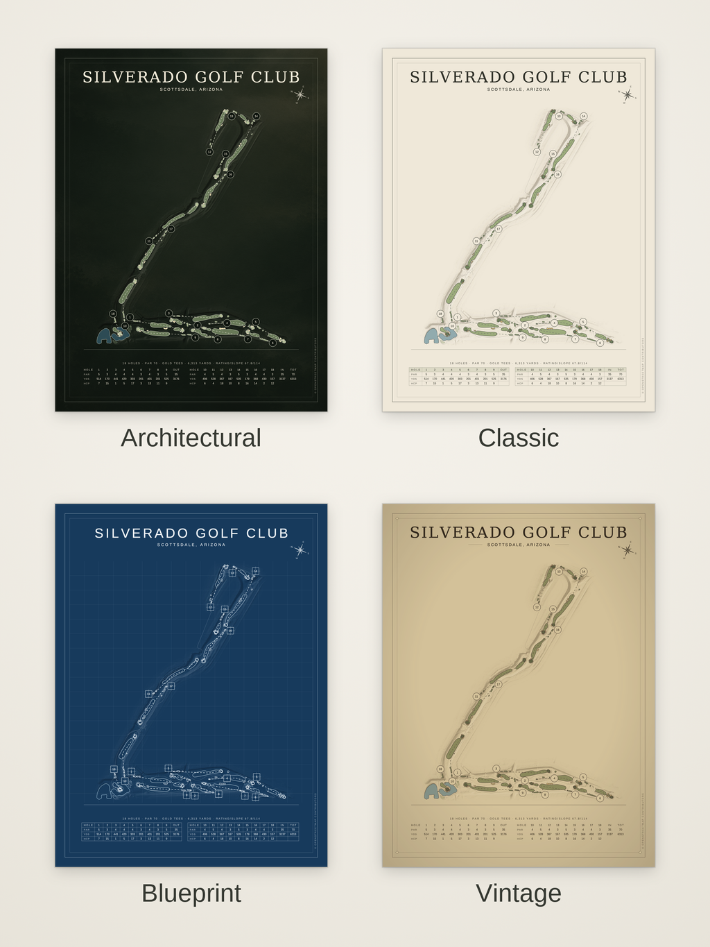 Silverado Golf Club course map poster in four styles: Architectural, Classic, Blueprint and Vintage