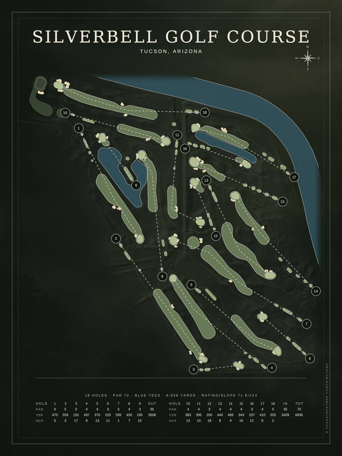 Silverbell Golf Course map poster, Architectural style, 12×16 / 18×24