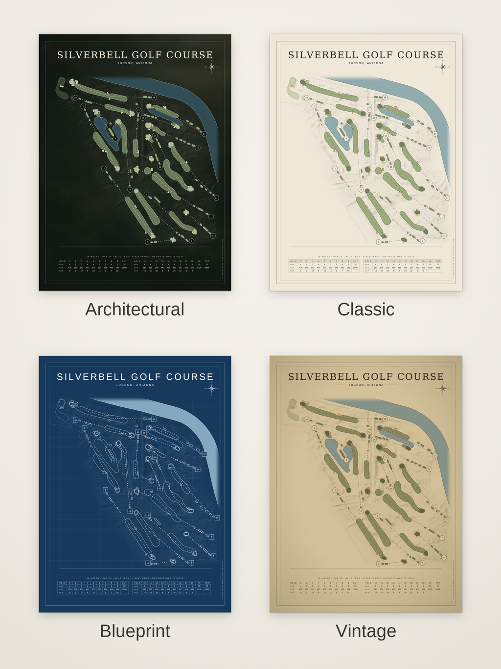 Silverbell Golf Course map poster in four styles: Architectural, Classic, Blueprint and Vintage