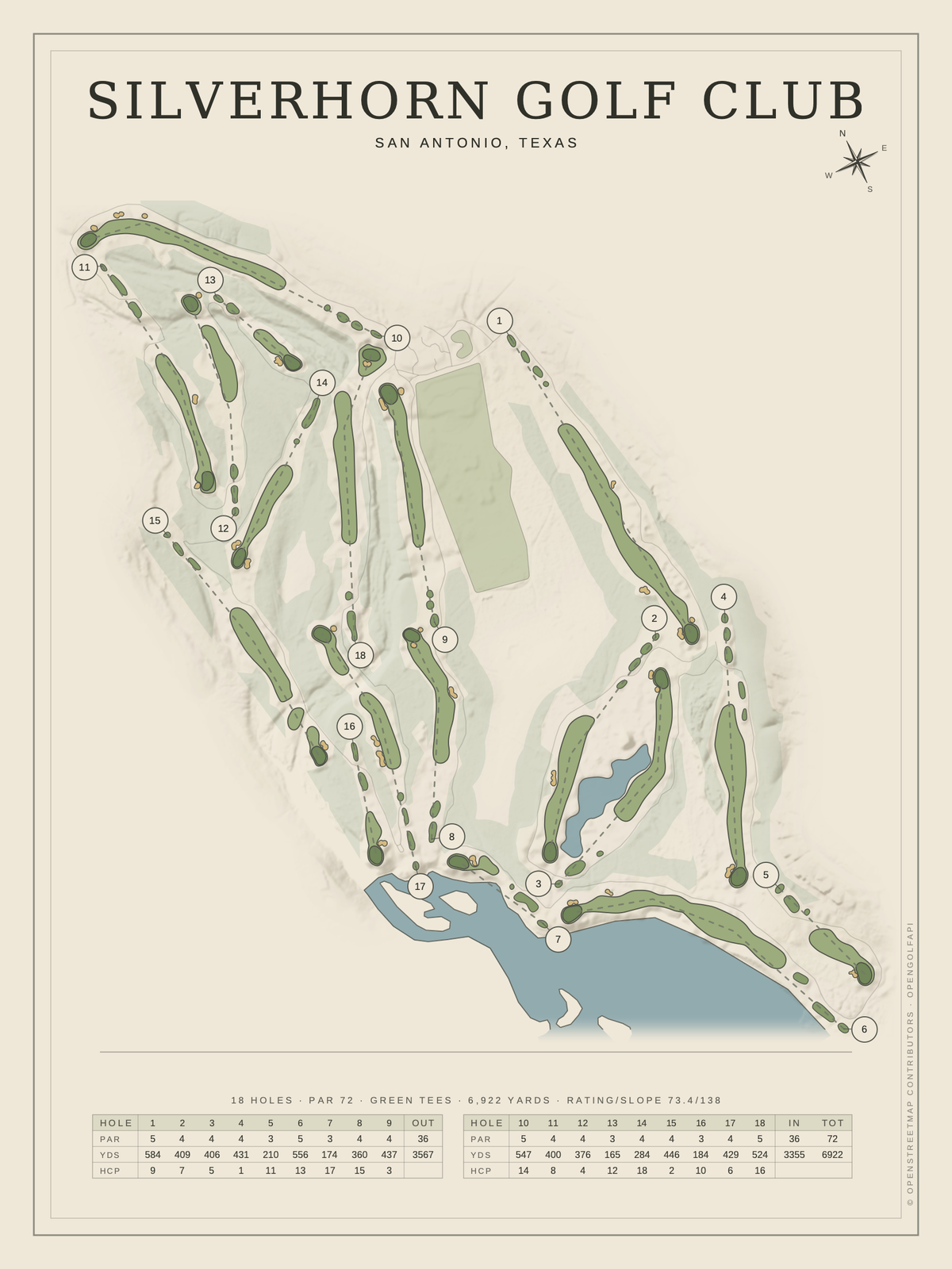 Silverhorn Golf Club course map poster, Classic style, 12×16 / 18×24