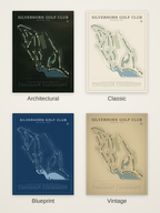 Silverhorn Golf Club course map poster in four styles: Architectural, Classic, Blueprint and Vintage