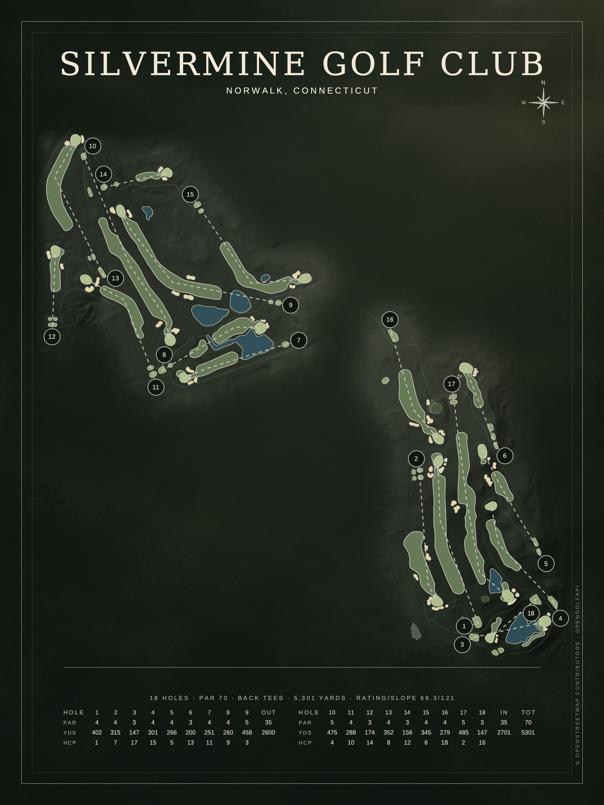Silvermine Golf Club course map poster, Architectural style, 12×16 / 18×24