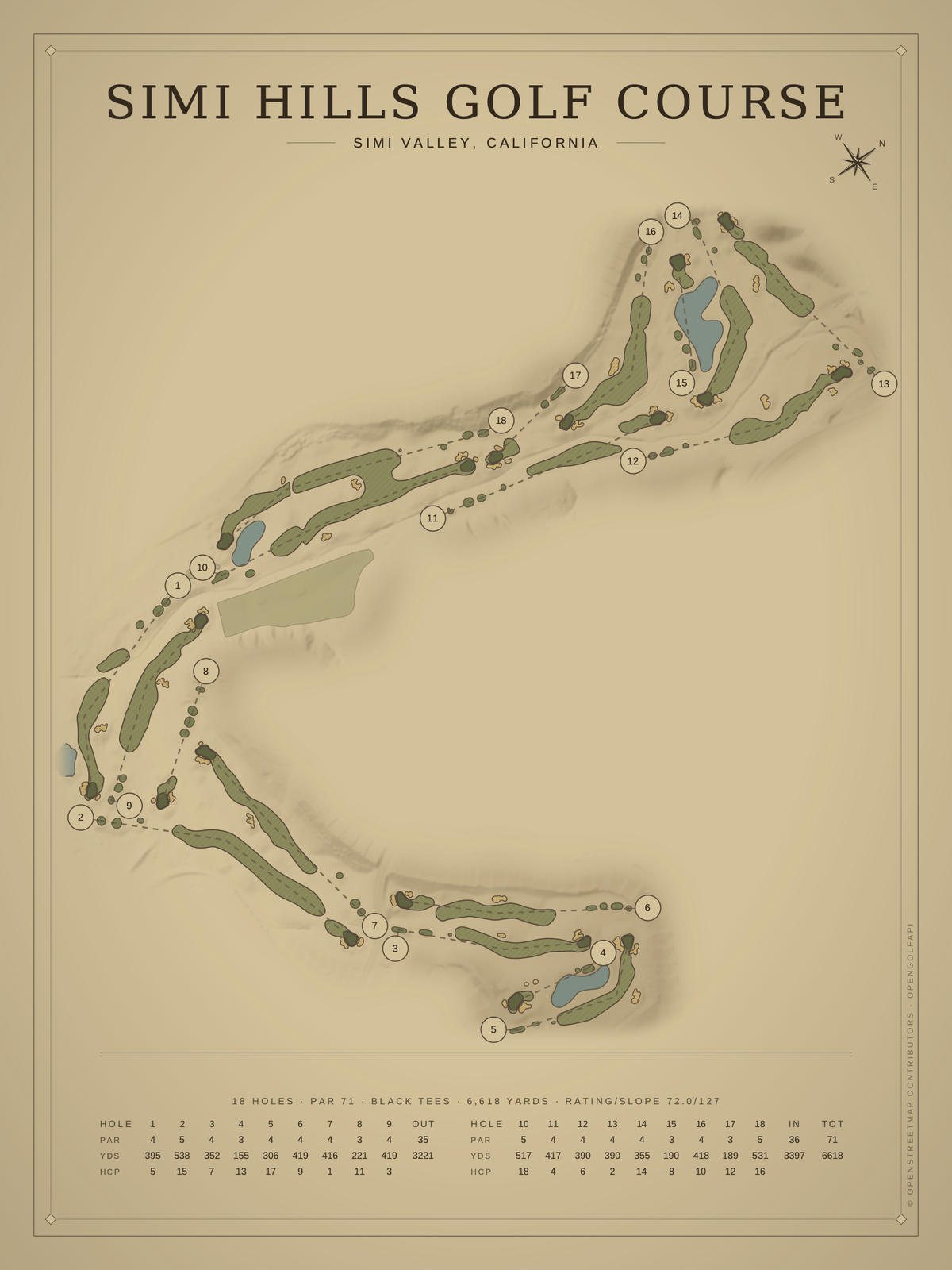 Simi Hills Golf Course map poster, Vintage style, 12×16 / 18×24