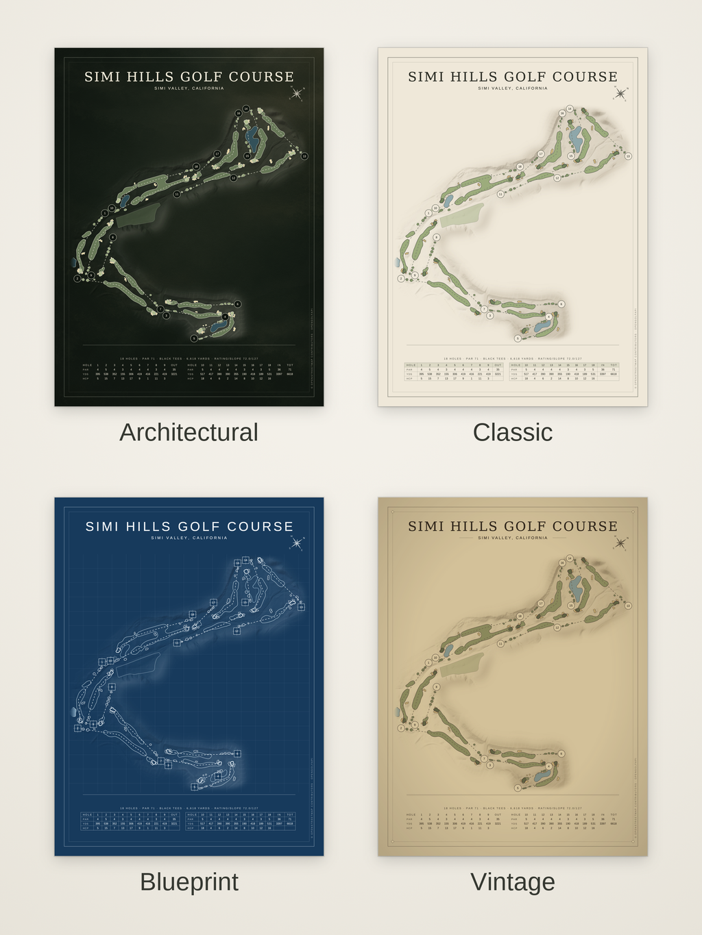 Simi Hills Golf Course map poster in four styles: Architectural, Classic, Blueprint and Vintage