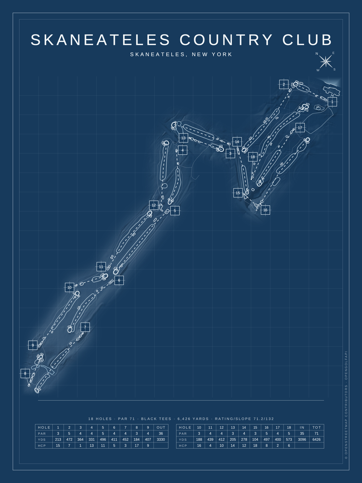Skaneateles Country Club course map poster, Blueprint style, 12×16 / 18×24