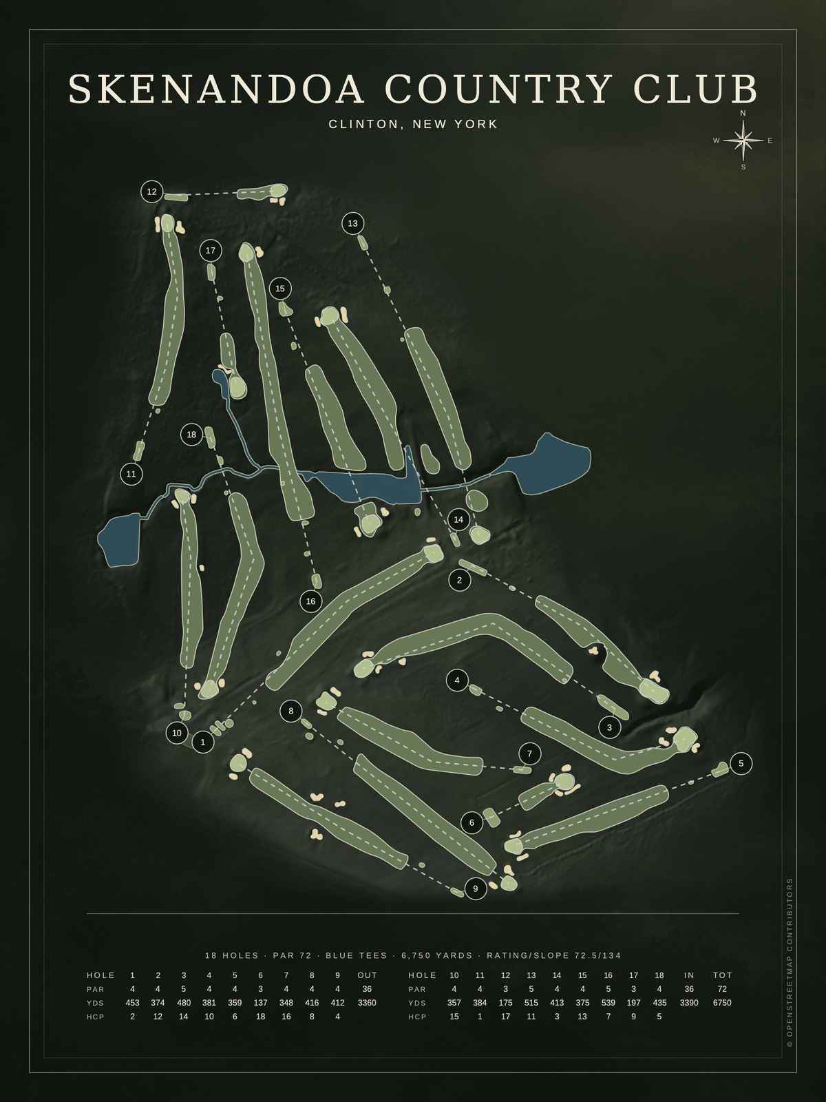 Skenandoa Country Club course map poster, Architectural style, 12×16 / 18×24