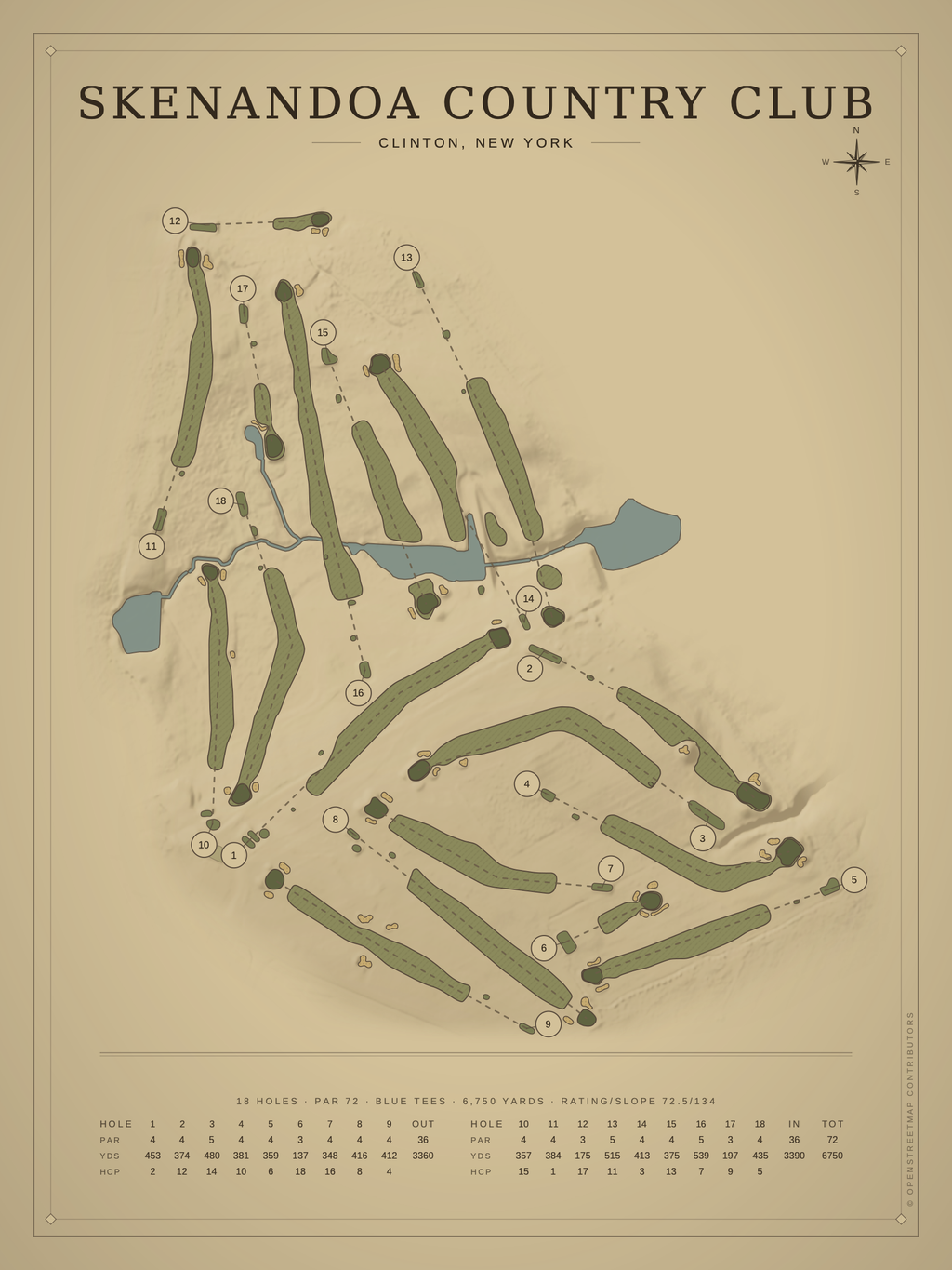 Skenandoa Country Club course map poster, Vintage style, 12×16 / 18×24