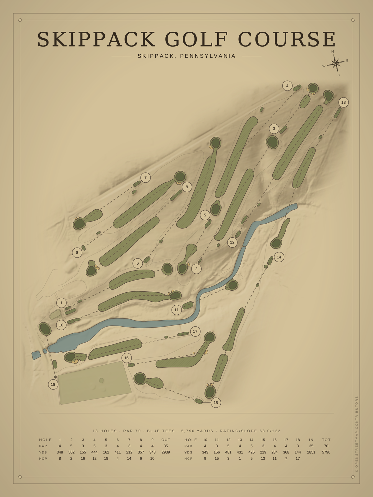 Skippack Golf Course map poster, Vintage style, 12×16 / 18×24