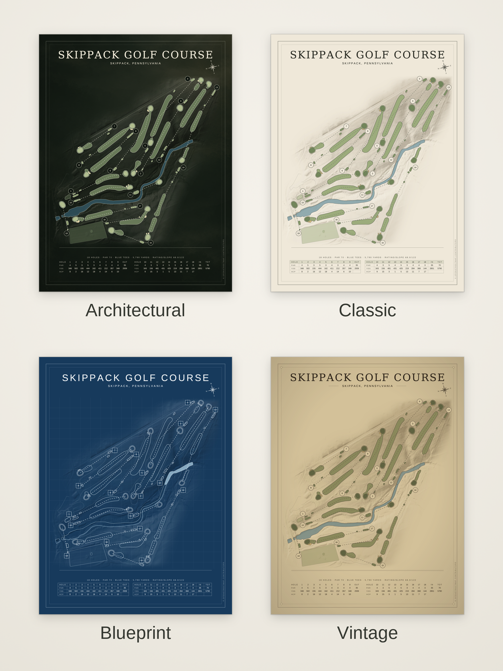 Skippack Golf Course map poster in four styles: Architectural, Classic, Blueprint and Vintage