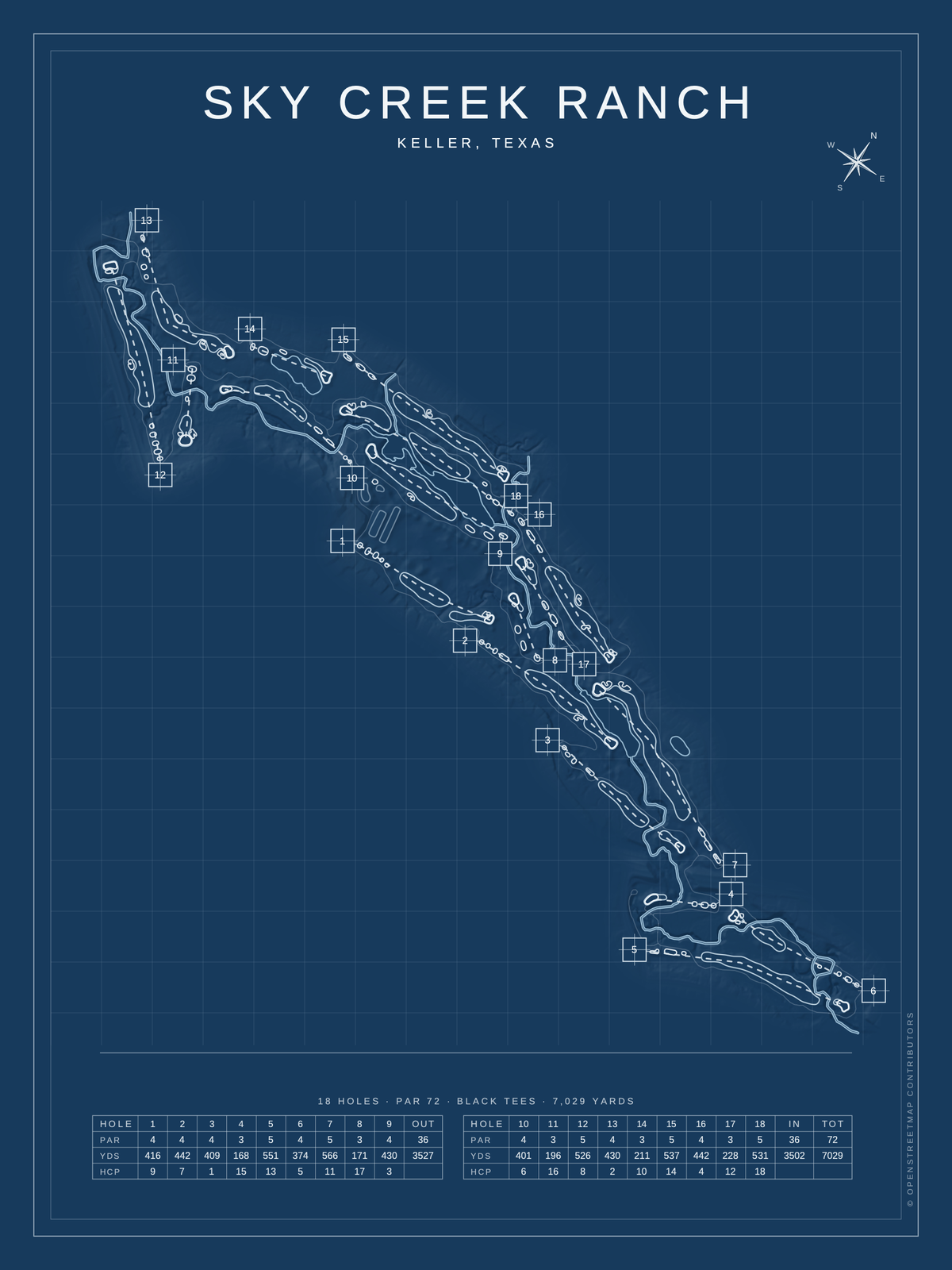 Sky Creek Ranch course map poster, Blueprint style, 12×16 / 18×24