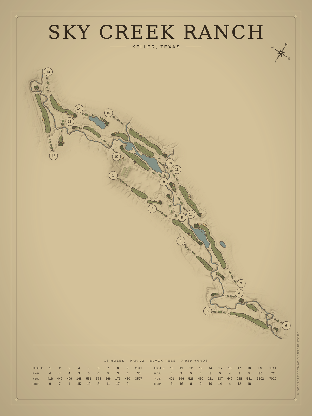 Sky Creek Ranch course map poster, Vintage style, 12×16 / 18×24
