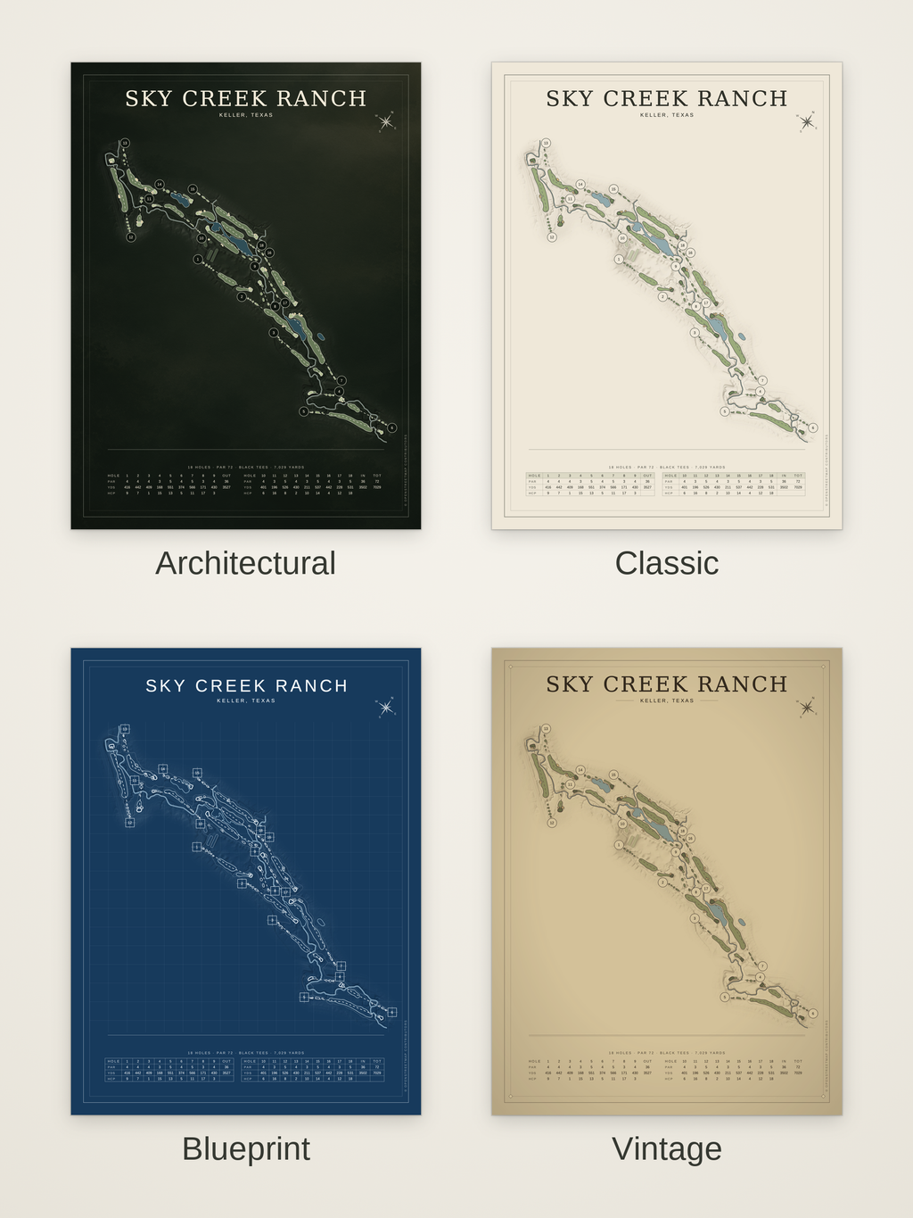Sky Creek Ranch course map poster in four styles: Architectural, Classic, Blueprint and Vintage
