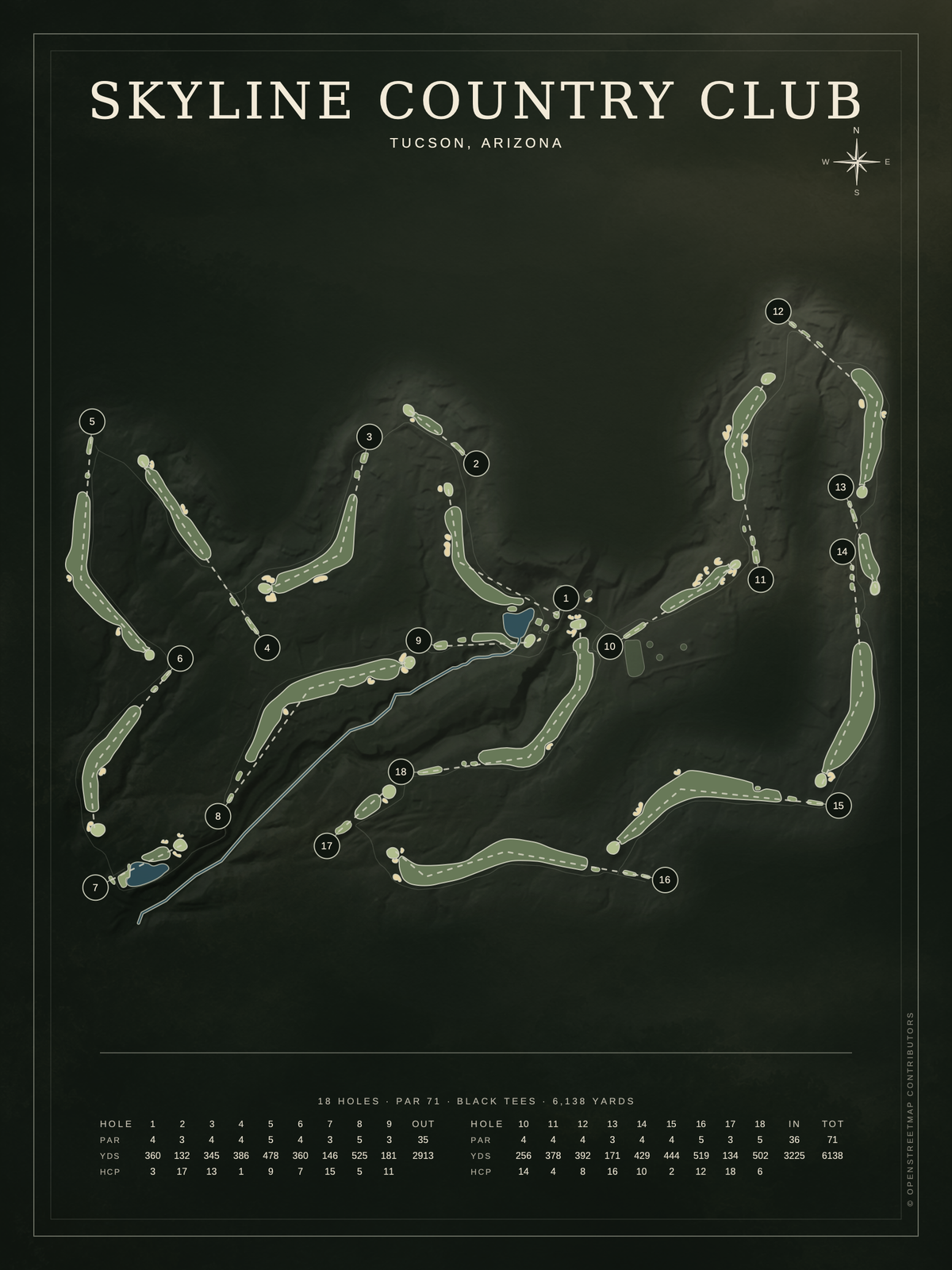 Skyline Country Club course map poster, Architectural style, 12×16 / 18×24