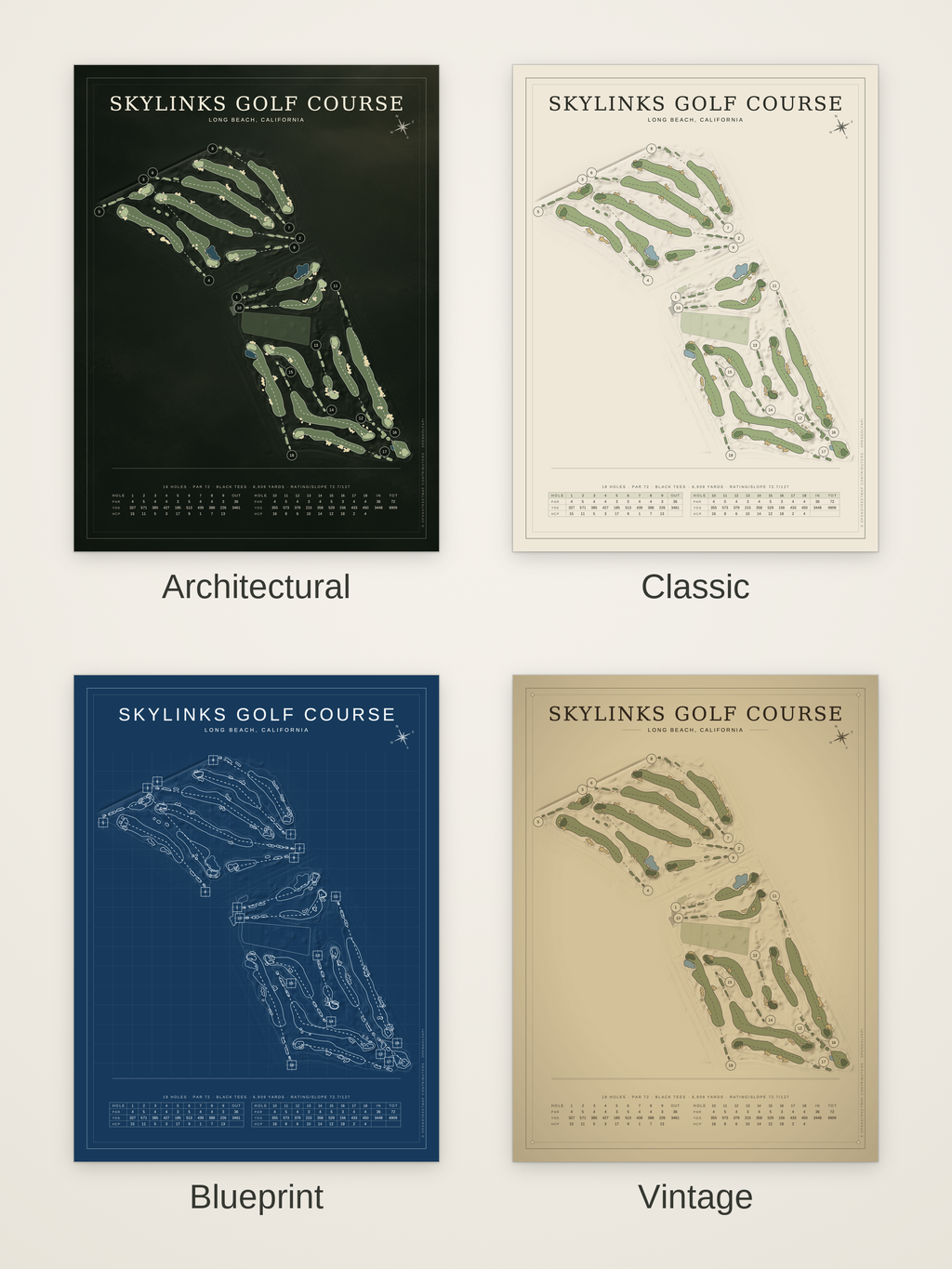 Skylinks Golf Course map poster in four styles: Architectural, Classic, Blueprint and Vintage