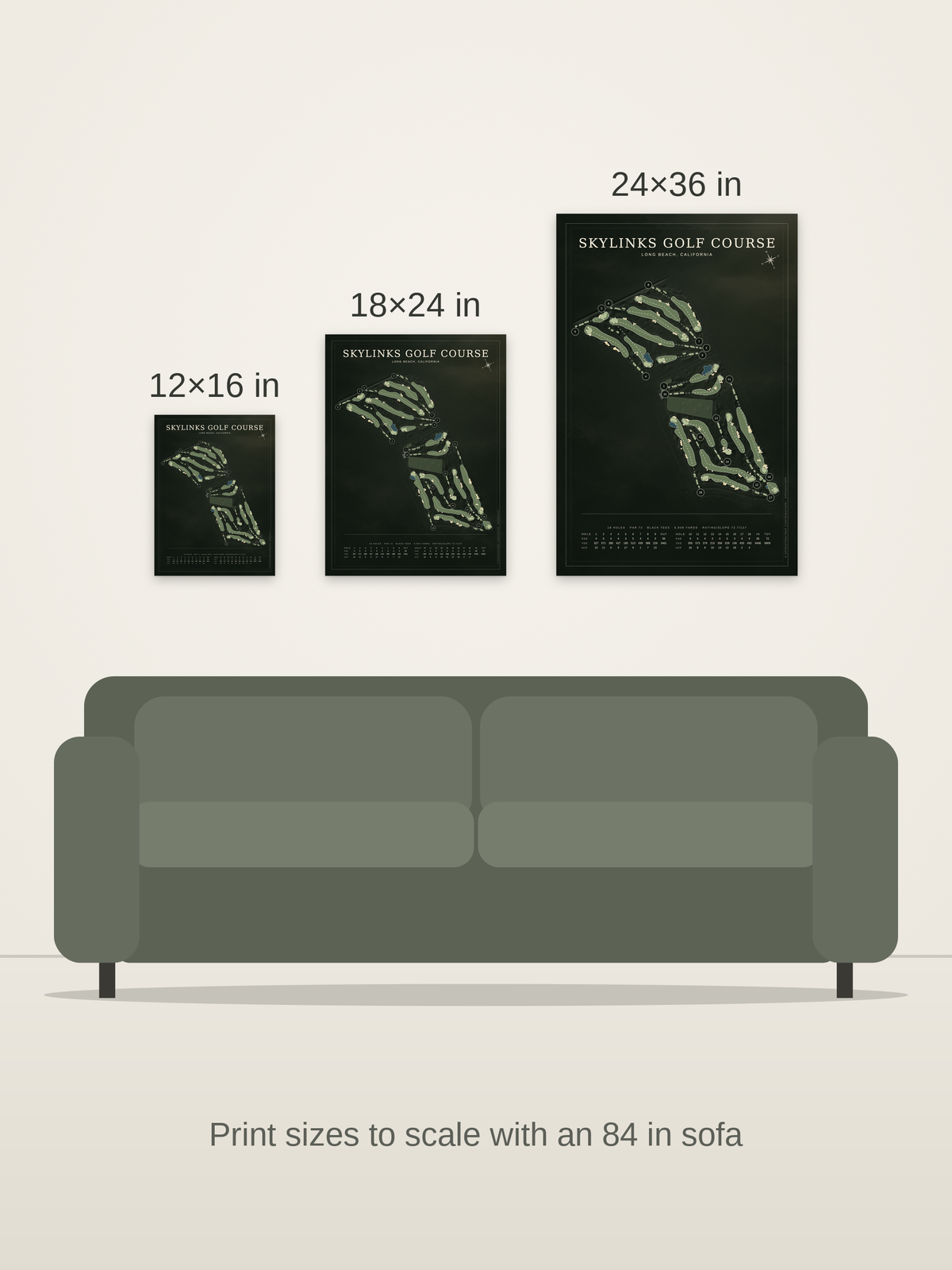 Skylinks Golf Course map poster in the Architectural style at 12×16, 18×24 and 24×36 inches, shown to scale on a wall above an 84-inch sofa