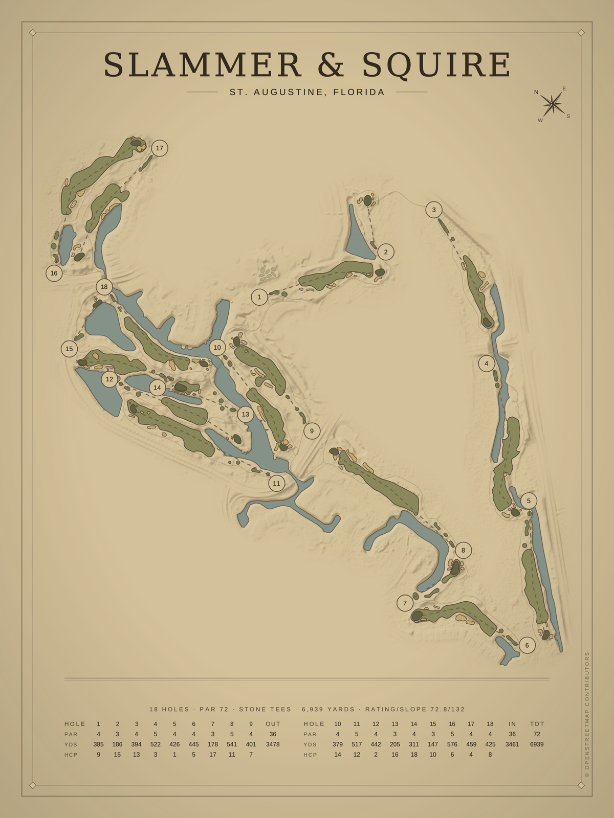 Slammer & Squire course map poster, Vintage style, 12×16 / 18×24