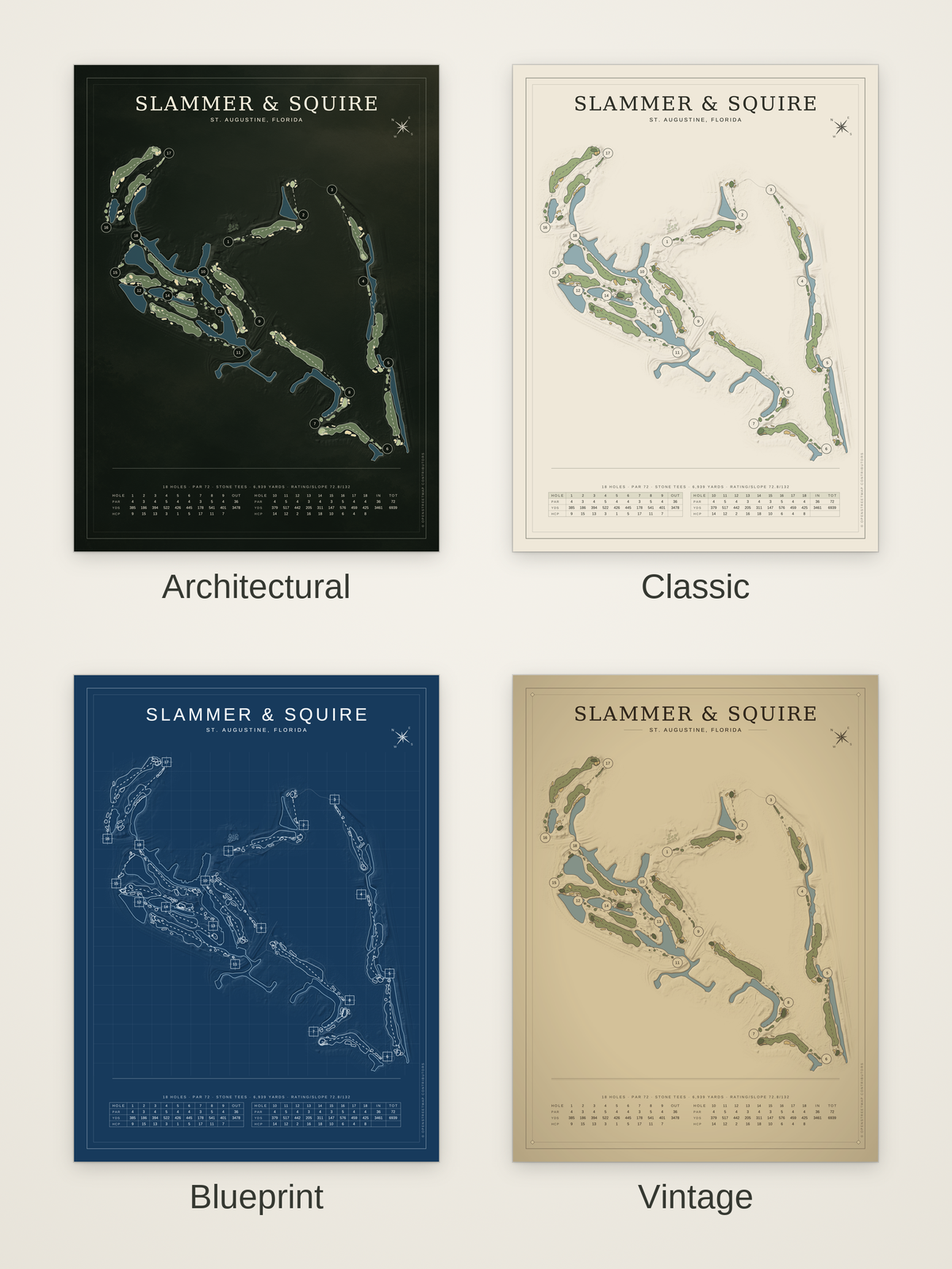 Slammer & Squire course map poster in four styles: Architectural, Classic, Blueprint and Vintage