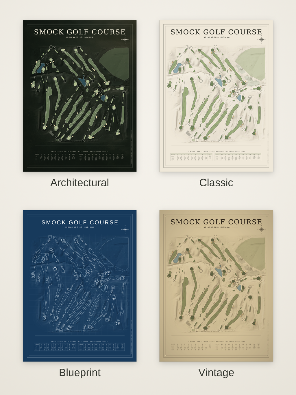 Smock Golf Course map poster in four styles: Architectural, Classic, Blueprint and Vintage
