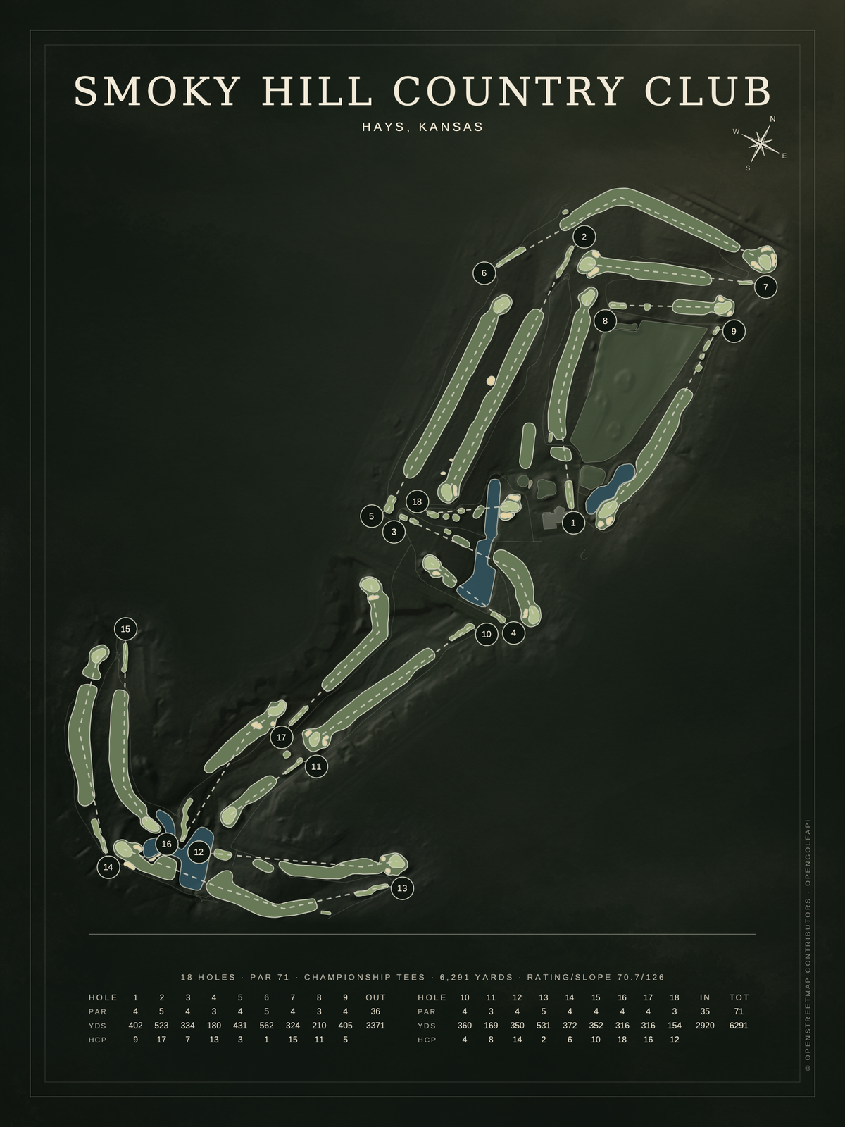 Smoky Hill Country Club course map poster, Architectural style, 12×16 / 18×24