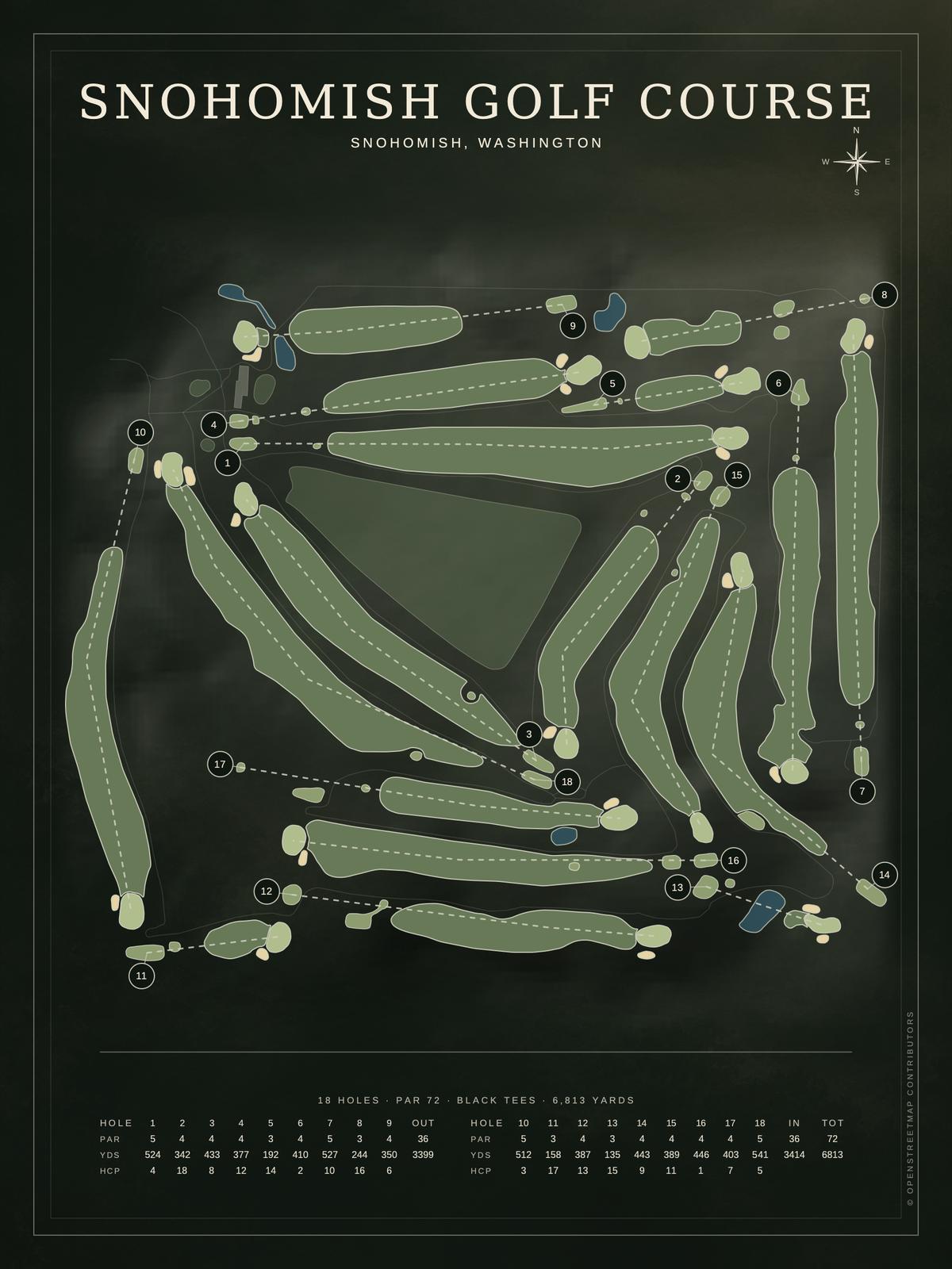 Snohomish Golf Course map poster, Architectural style, 12×16 / 18×24