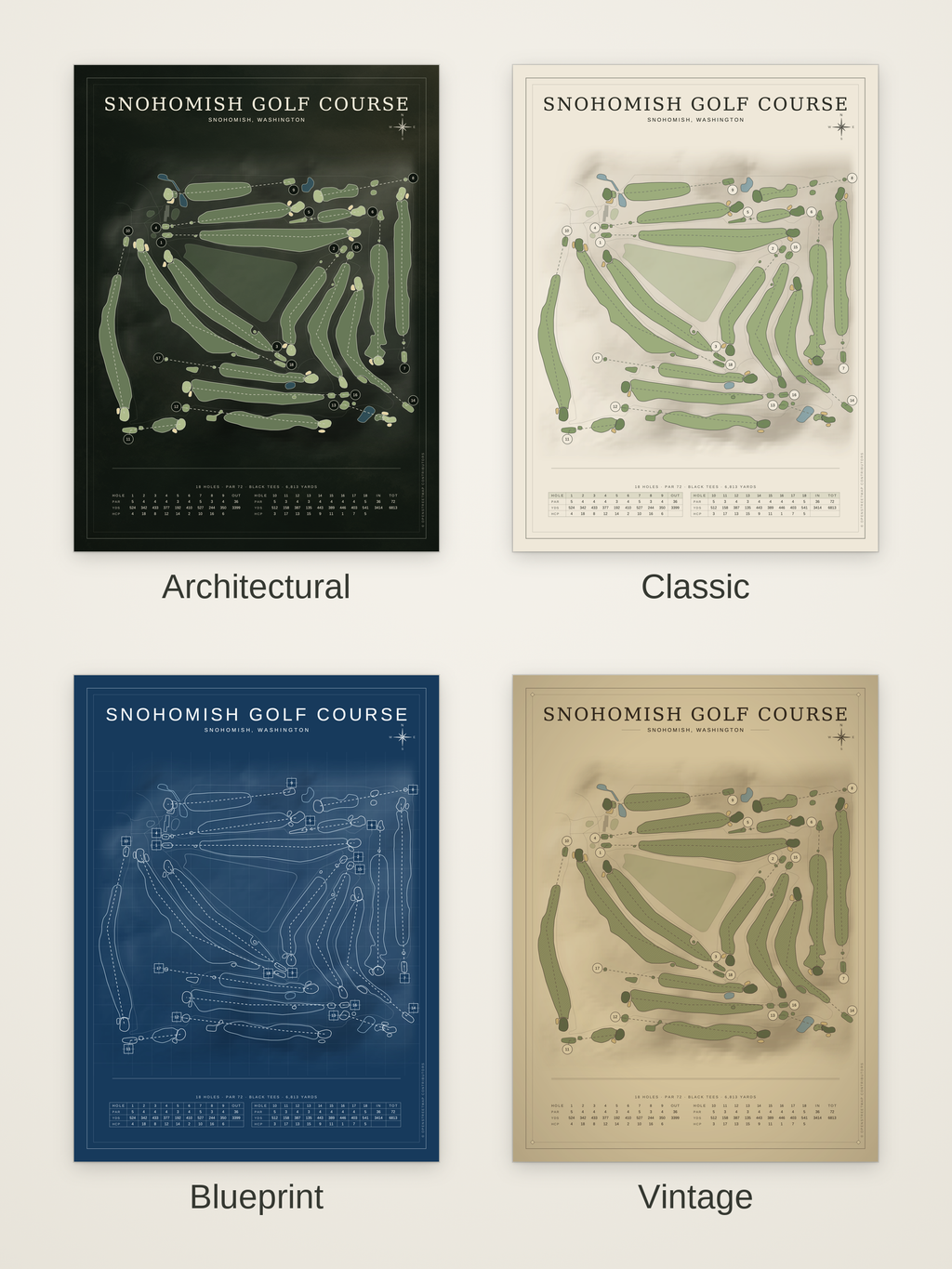 Snohomish Golf Course map poster in four styles: Architectural, Classic, Blueprint and Vintage
