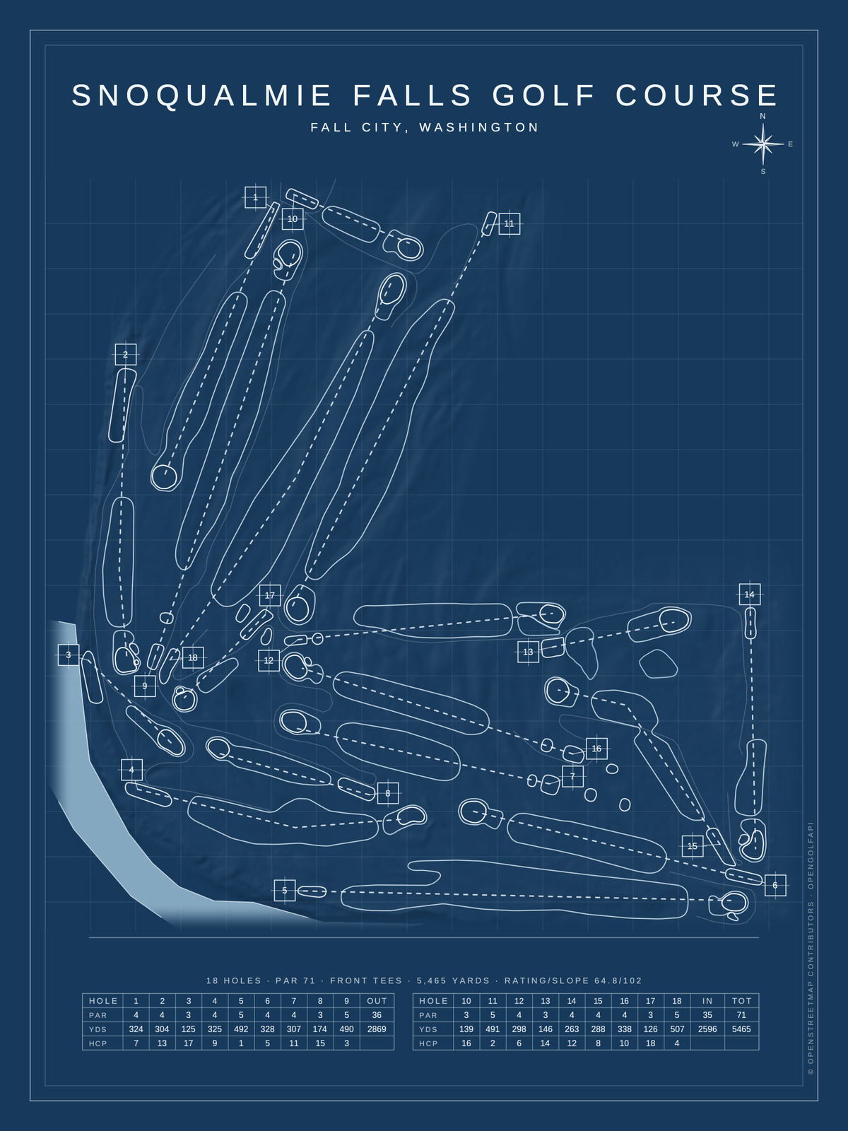 Snoqualmie Falls Golf Course map poster, Blueprint style, 12×16 / 18×24