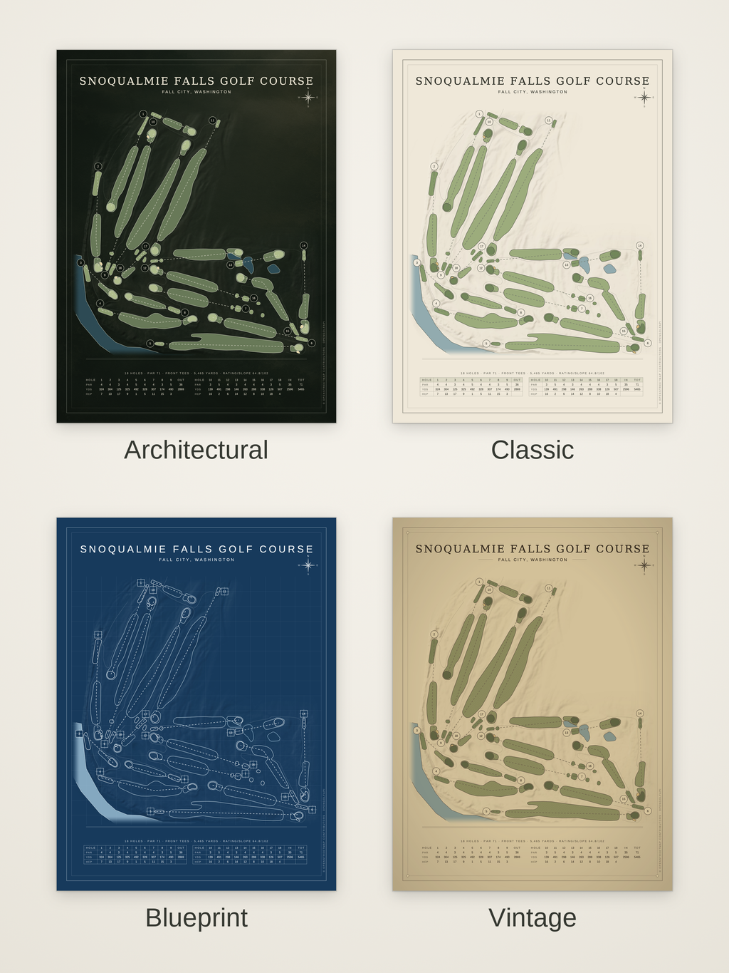 Snoqualmie Falls Golf Course map poster in four styles: Architectural, Classic, Blueprint and Vintage