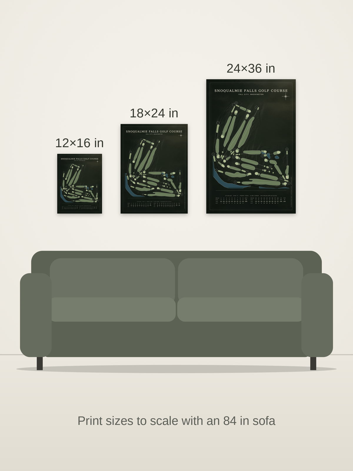 Snoqualmie Falls Golf Course map poster in the Architectural style at 12×16, 18×24 and 24×36 inches, shown to scale on a wall above an 84-inch sofa