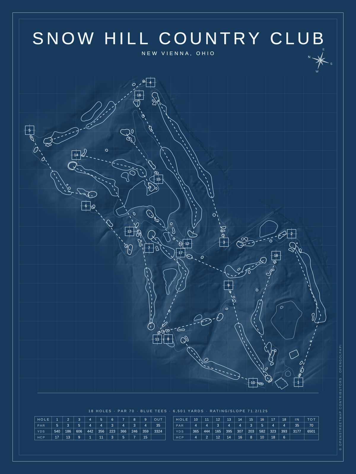 Snow Hill Country Club course map poster, Blueprint style, 12×16 / 18×24