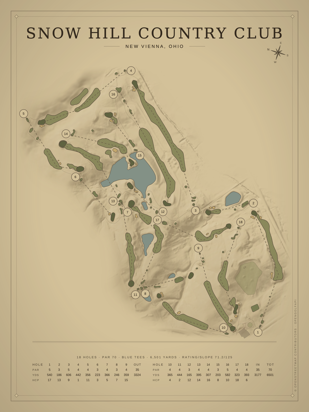 Snow Hill Country Club course map poster, Vintage style, 12×16 / 18×24