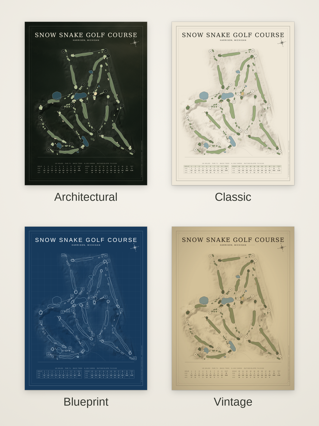 Snow Snake Golf Course map poster in four styles: Architectural, Classic, Blueprint and Vintage