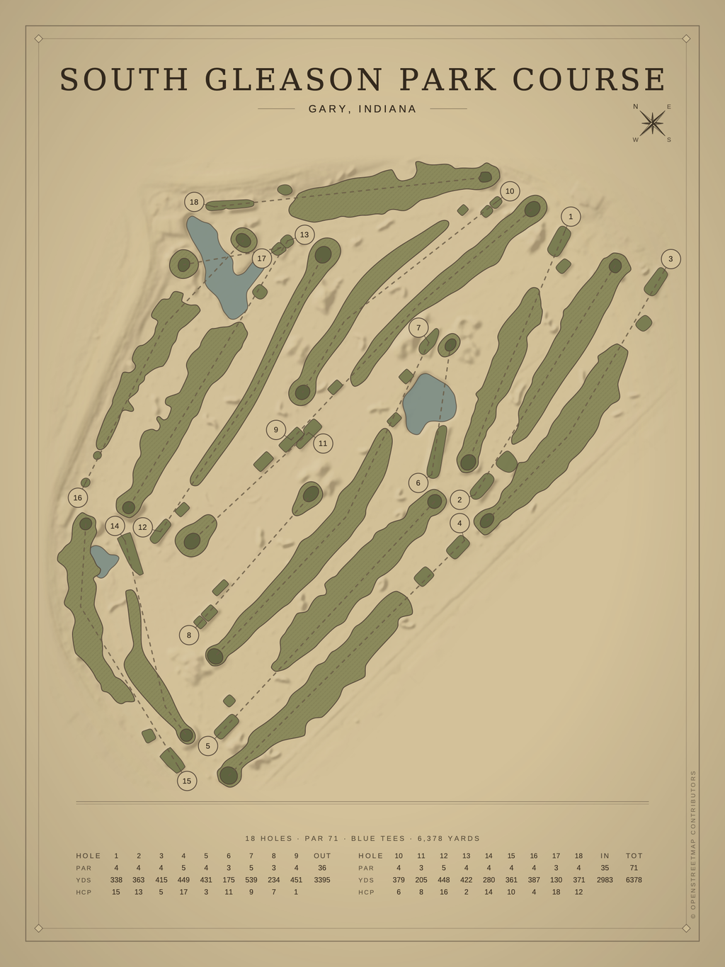 South Gleason Park Course map poster, Vintage style, 12×16 / 18×24