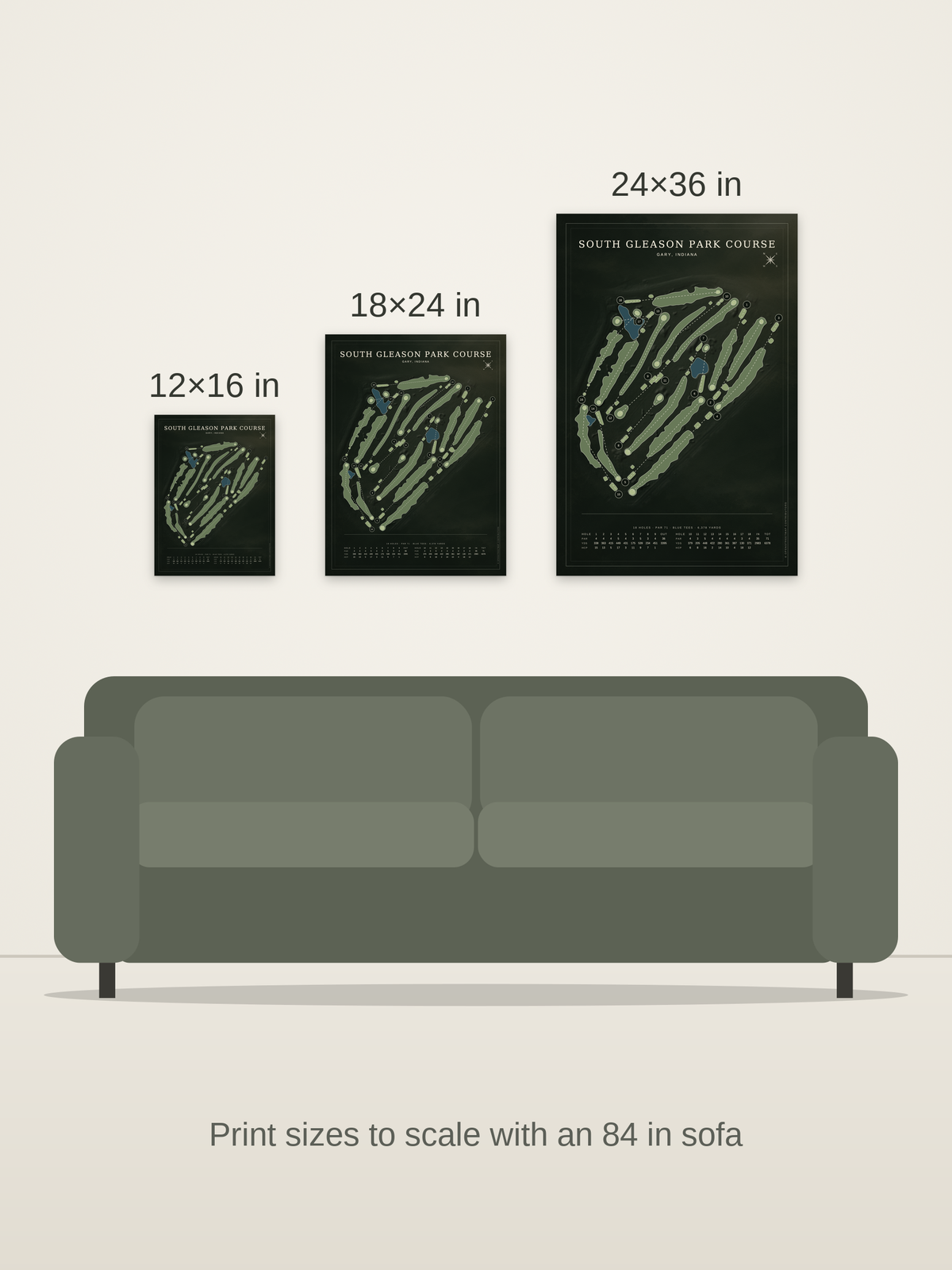 South Gleason Park Course map poster in the Architectural style at 12×16, 18×24 and 24×36 inches, shown to scale on a wall above an 84-inch sofa