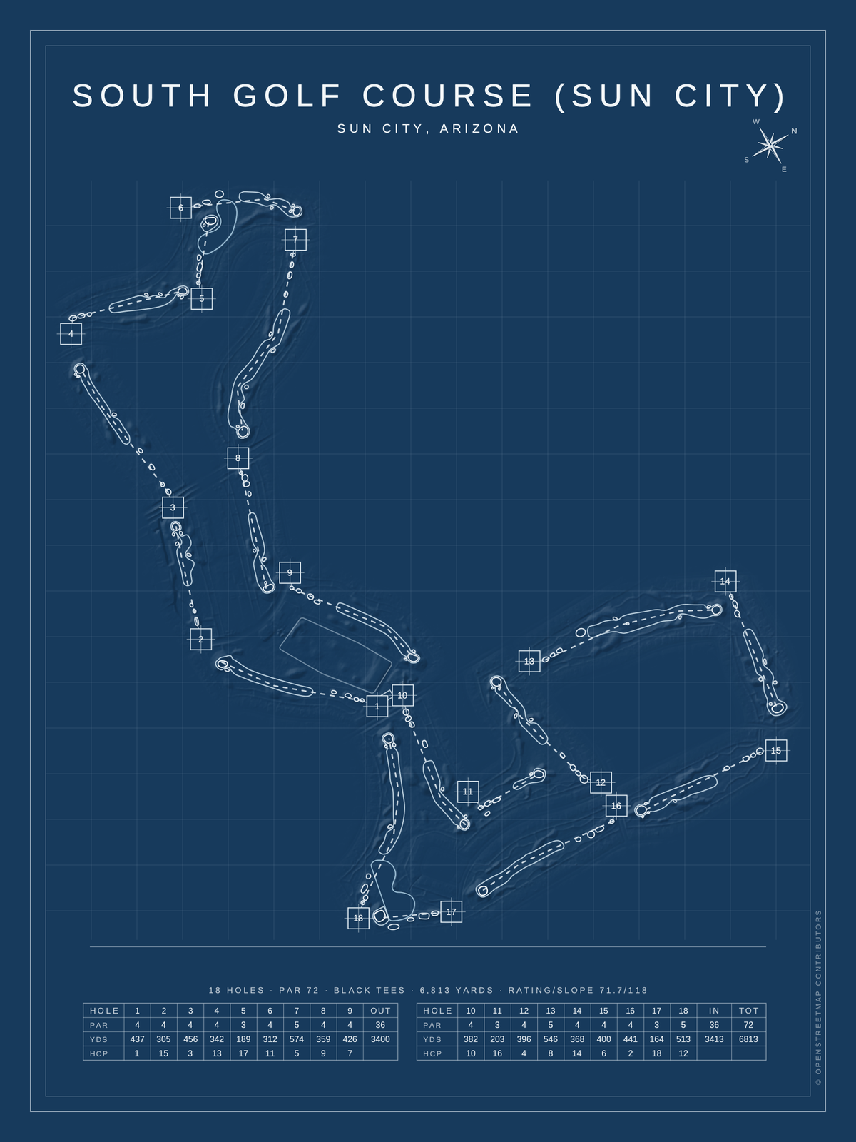South Golf Course (Sun City) course map poster, Blueprint style, 12×16 / 18×24