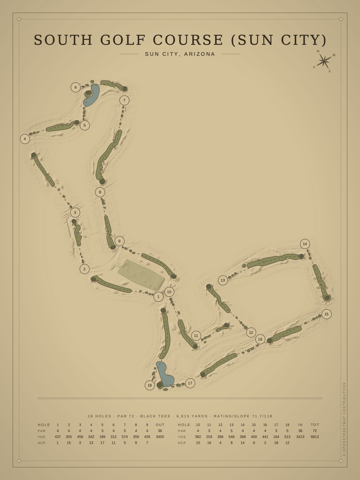 South Golf Course (Sun City) course map poster, Vintage style, 12×16 / 18×24
