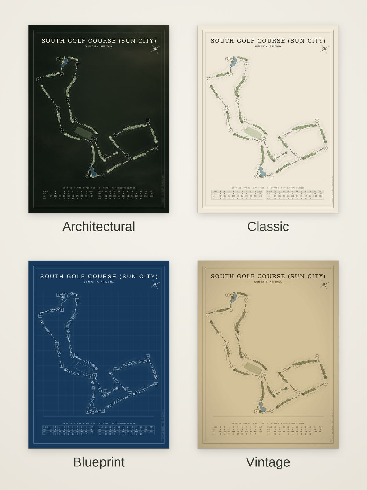 South Golf Course (Sun City) course map poster in four styles: Architectural, Classic, Blueprint and Vintage