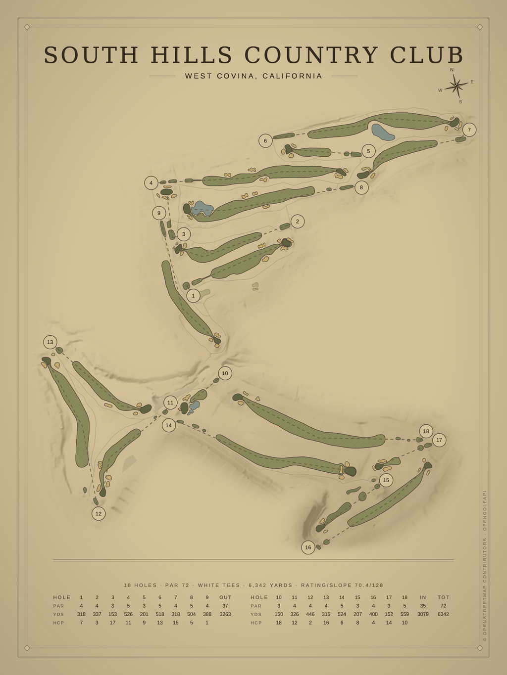 South Hills Country Club course map poster, Vintage style, 12×16 / 18×24