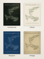 South Hills Country Club course map poster in four styles: Architectural, Classic, Blueprint and Vintage
