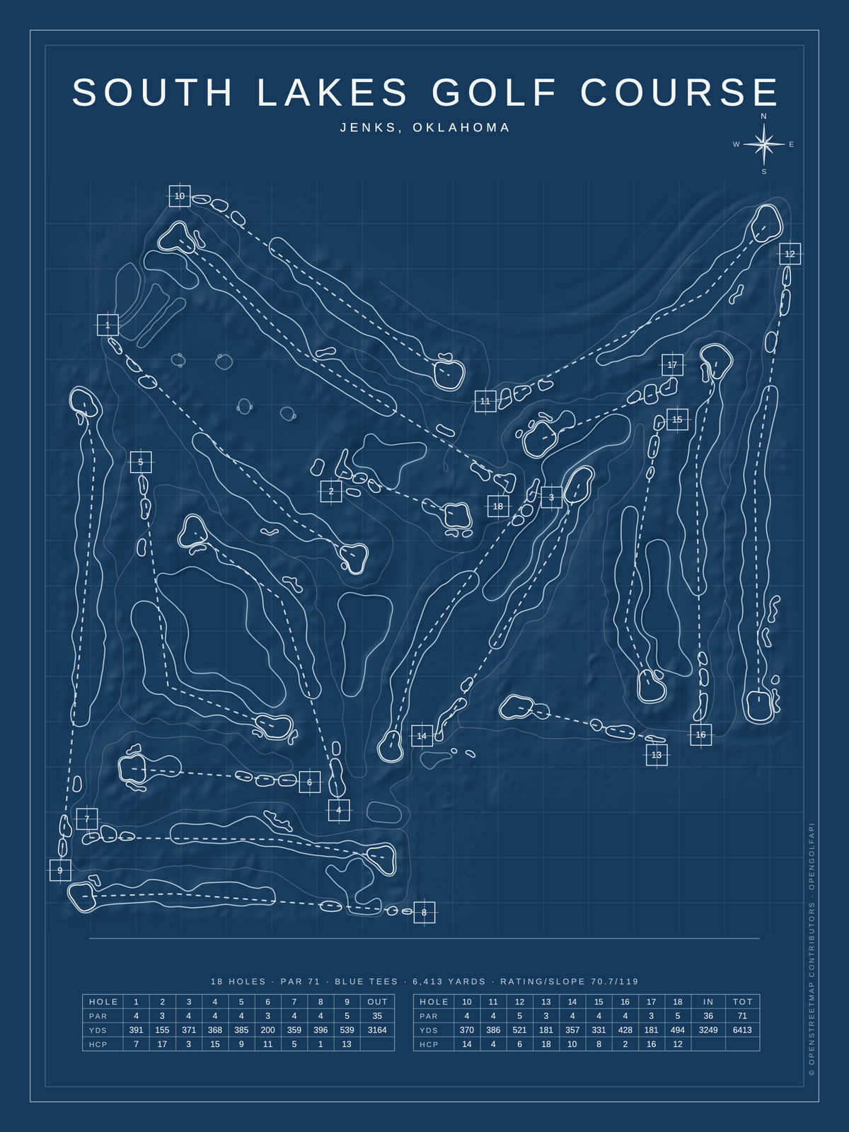 South Lakes Golf Course map poster, Blueprint style, 12×16 / 18×24