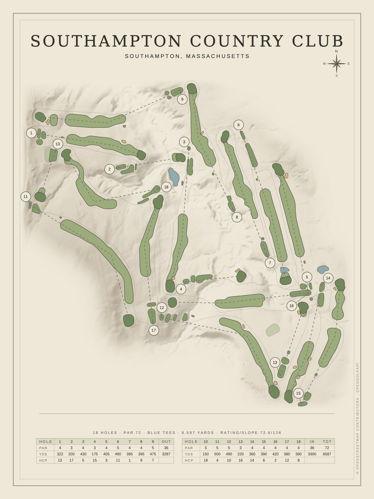 Southampton Country Club course map poster, Classic style, 12×16 / 18×24