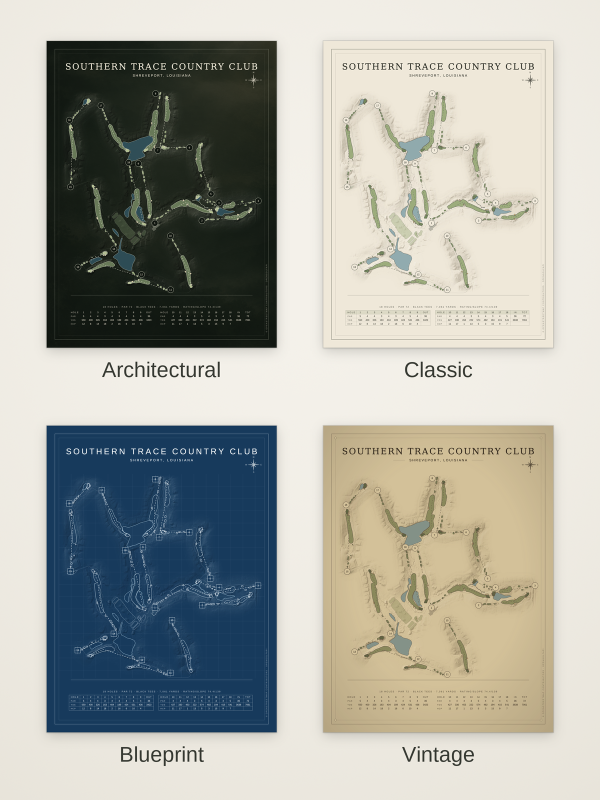 Southern Trace Country Club course map poster in four styles: Architectural, Classic, Blueprint and Vintage
