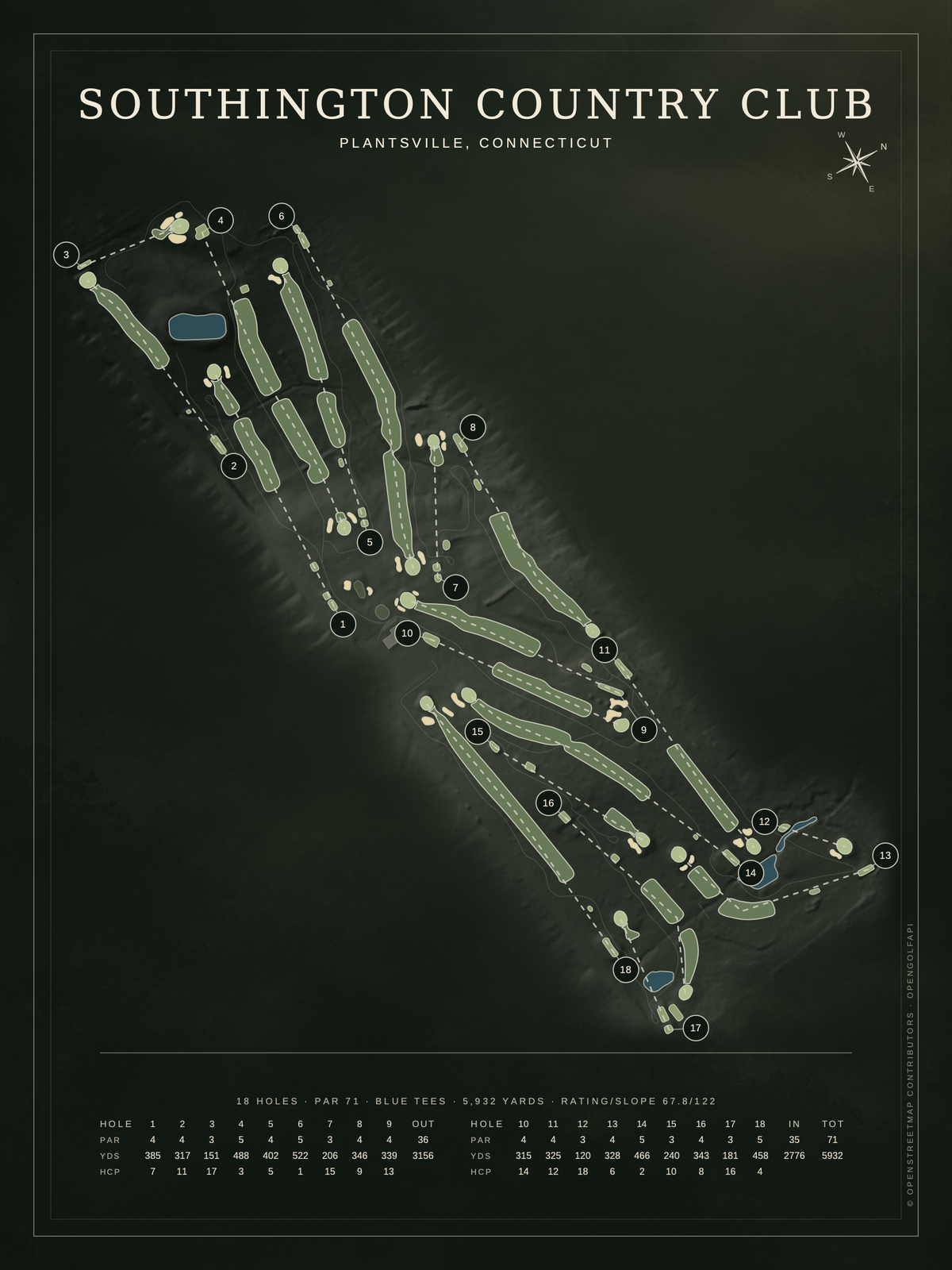 Southington Country Club course map poster, Architectural style, 12×16 / 18×24