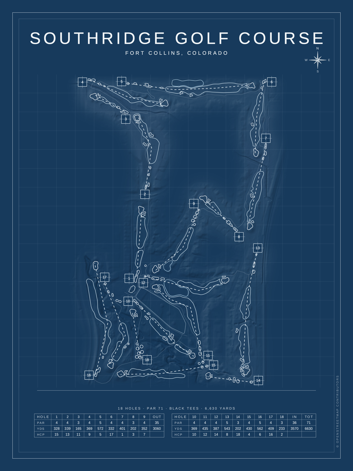 Southridge Golf Course map poster, Blueprint style, 12×16 / 18×24