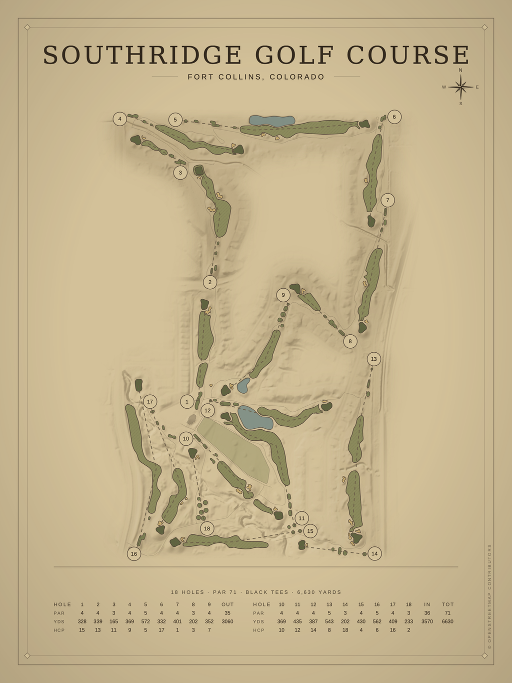 Southridge Golf Course map poster, Vintage style, 12×16 / 18×24